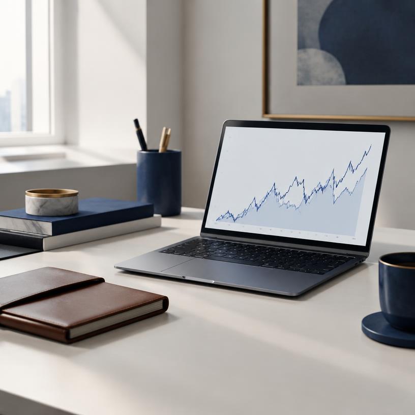 Laptop showing a market chart on a bright desk