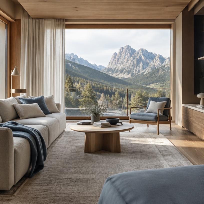 Alpine apartment interior with mountain view