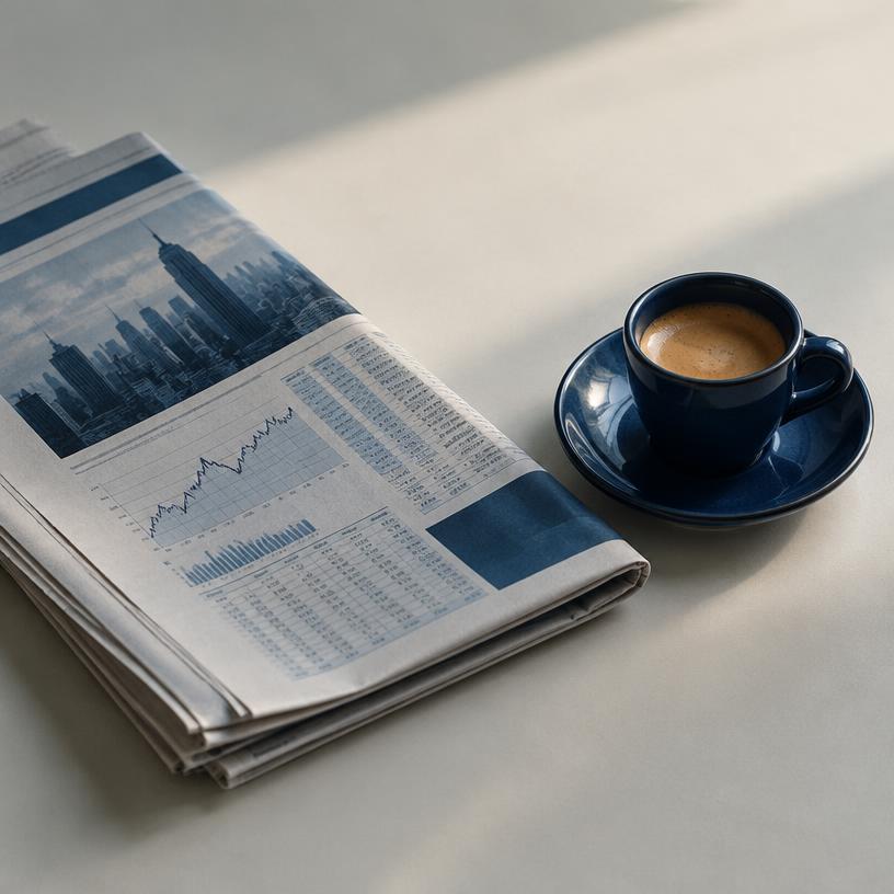 Folded financial newspaper beside an espresso cup